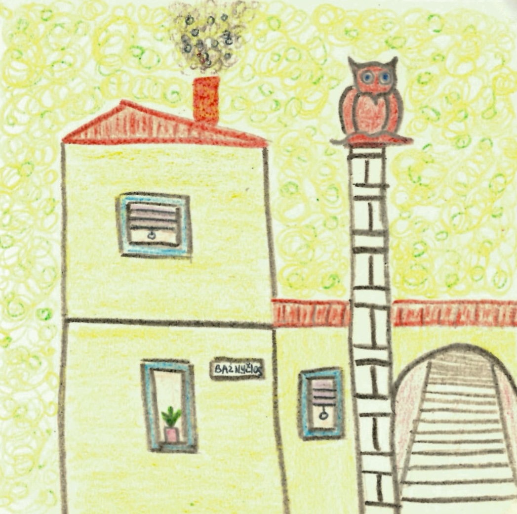 A house and an owl sculpture drawn in crayons