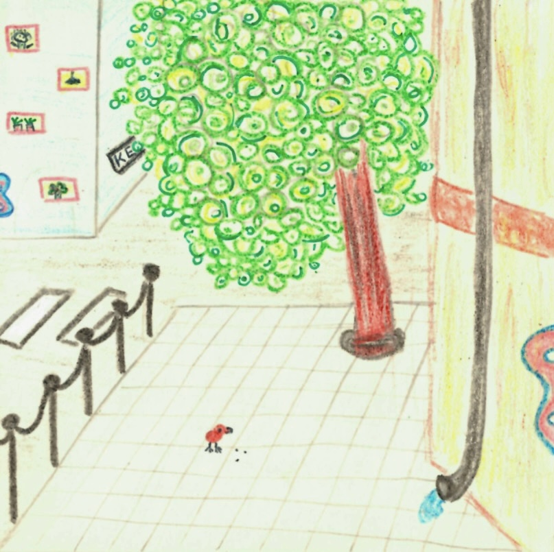 A tree and a bird on the street painted with crayons